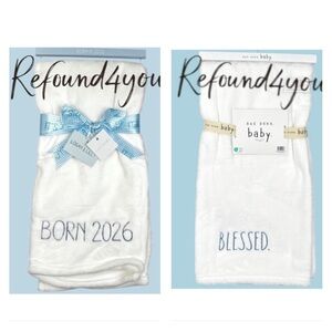 Rae Dunn + - ‘Born 2026 & Blessed - blue’ Baby Blankets (2) 30” x 40” NWT. Firm!